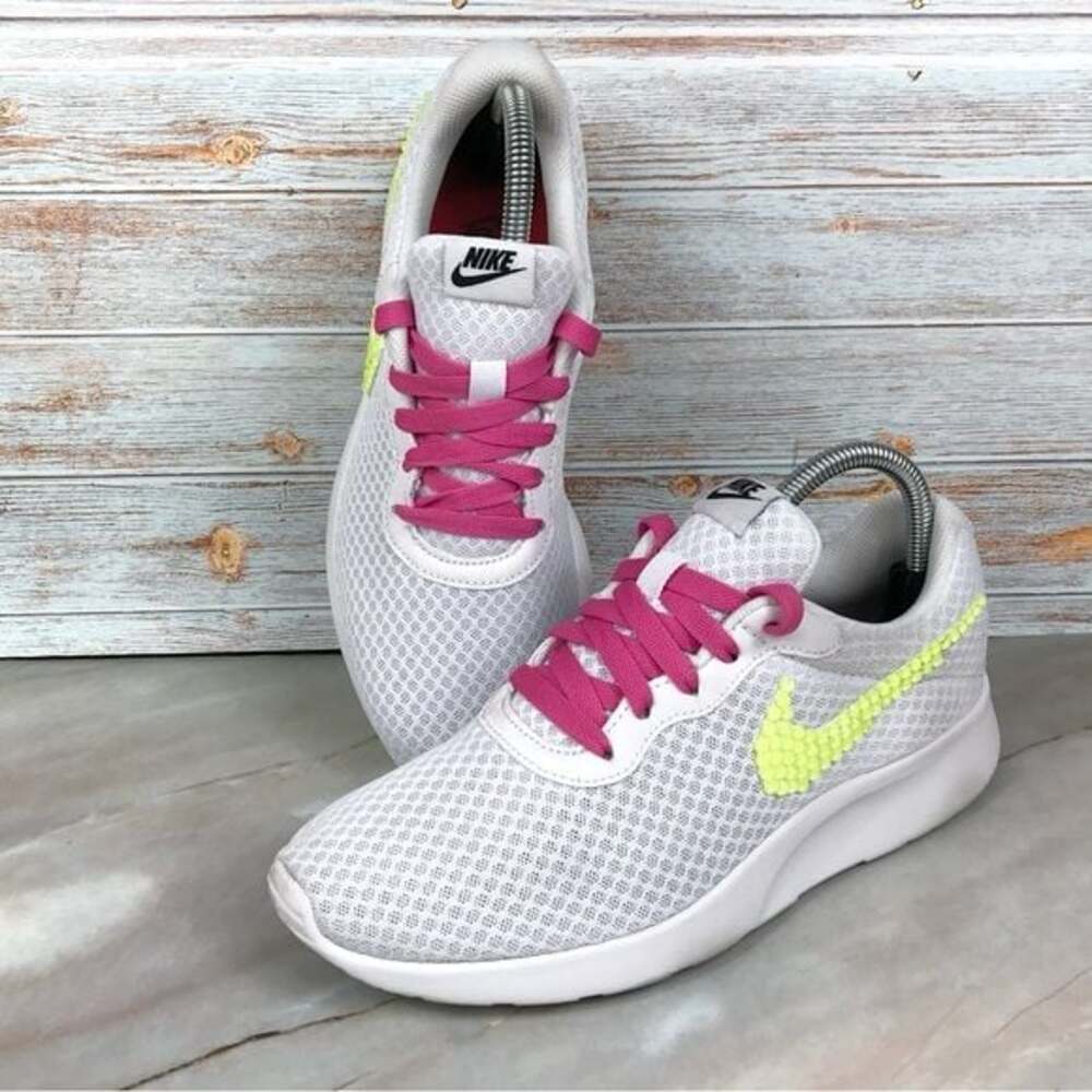 Nike Tanjun Sneakers White with Customized Neon Yellow Swoosh & Pink Laces